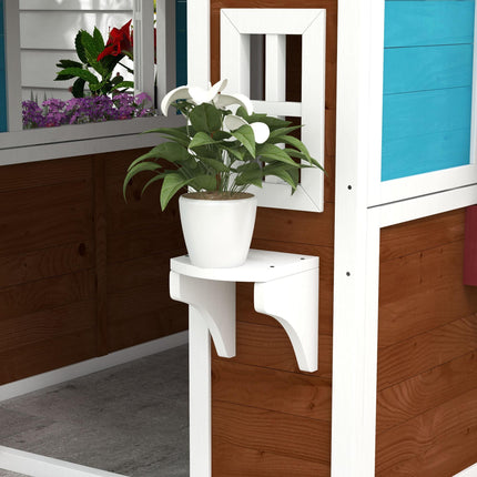 Wooden Kids Playhouse with Doors, Windows, Plant Pots & Boxes for Ages 3-8 - Dark Brown