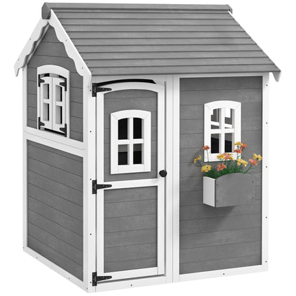 Wooden Kids Playhouse with Doors, Windows & Plant Box - Grey