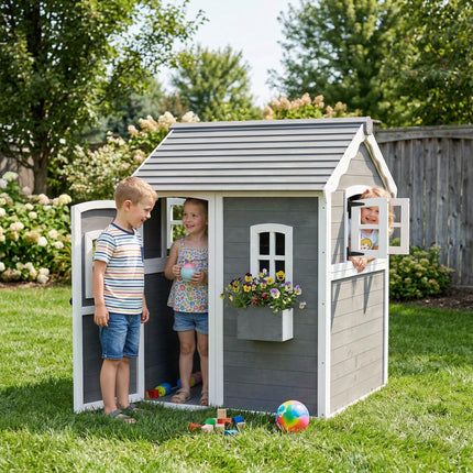 Wooden Kids Playhouse with Doors, Windows & Plant Box - Grey