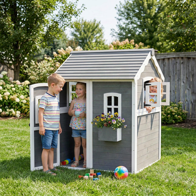 Wooden Kids Playhouse with Doors, Windows & Plant Box - Grey