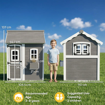 Wooden Kids Playhouse with Doors, Windows & Plant Box - Grey