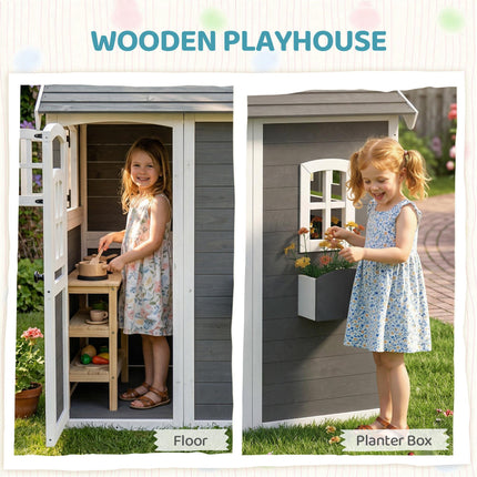 Wooden Kids Playhouse with Doors, Windows & Plant Box - Grey