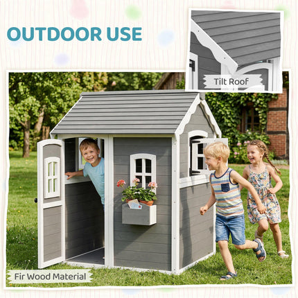 Wooden Kids Playhouse with Doors, Windows & Plant Box - Grey
