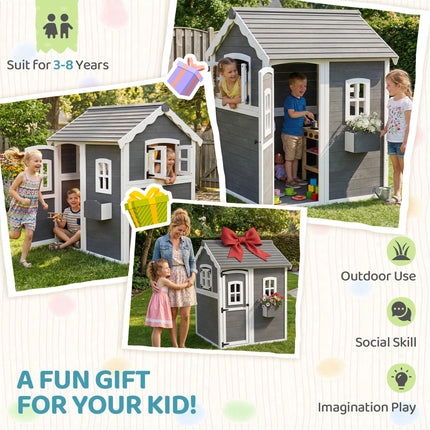 Wooden Kids Playhouse with Doors, Windows & Plant Box - Grey