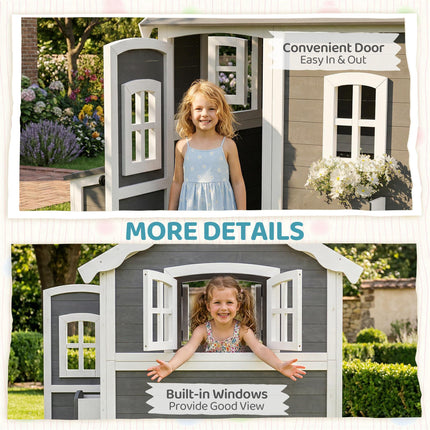Wooden Kids Playhouse with Doors, Windows & Plant Box - Grey