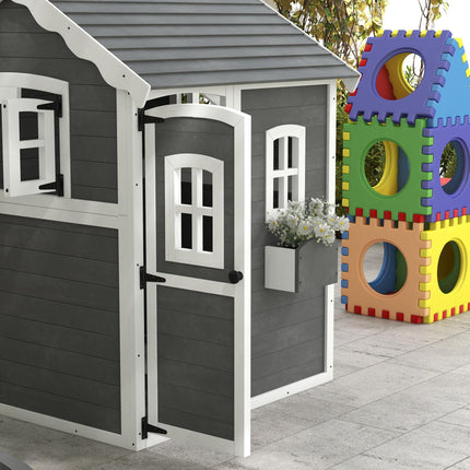 Wooden Kids Playhouse with Doors, Windows & Plant Box - Grey