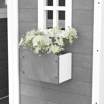 Wooden Kids Playhouse with Doors, Windows & Plant Box - Grey