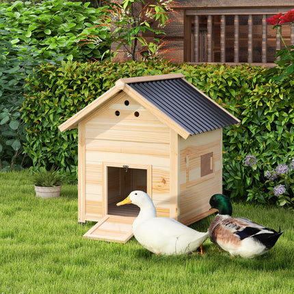 Wooden Duck House with Double Doors, Openable Roof & Ventilation Holes - Natural Wood Finish