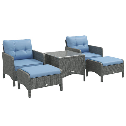 5 Piece PE Rattan Garden Furniture Set with Cushions and Glass Top Table - Blue