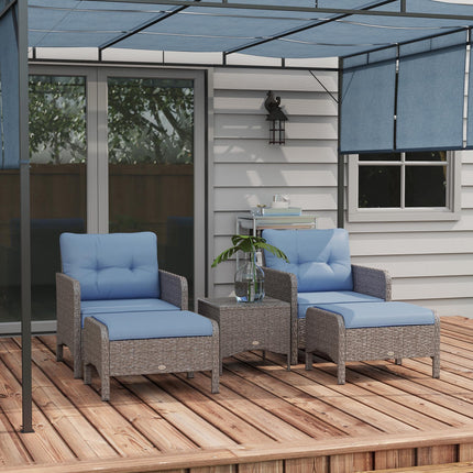 5 Piece PE Rattan Garden Furniture Set with Cushions and Glass Top Table - Blue