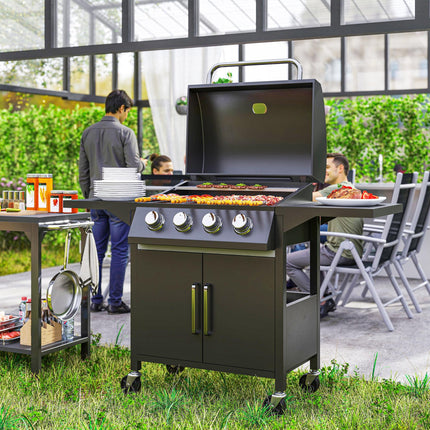 4 Burner Portable Gas BBQ Grill with Warming Rack and Thermometer - Black