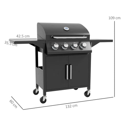 4 Burner Portable Gas BBQ Grill with Warming Rack and Thermometer - Black