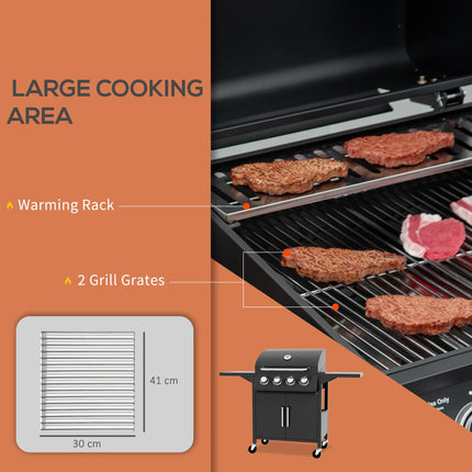 4 Burner Portable Gas BBQ Grill with Warming Rack and Thermometer - Black