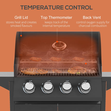 4 Burner Portable Gas BBQ Grill with Warming Rack and Thermometer - Black