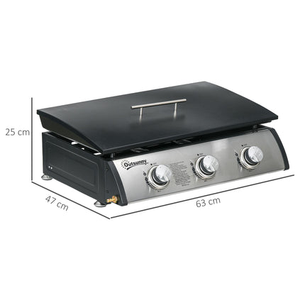 3 Burner Gas Plancha BBQ Grill with Lid - Black