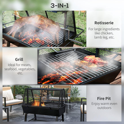 3-in-1 Charcoal Barbecue Grill with Rotisserie and Fire Pit - Black