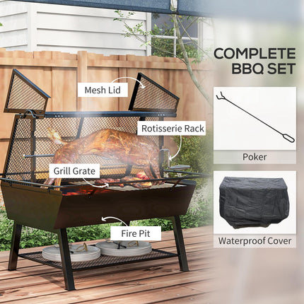 3-in-1 Charcoal Barbecue Grill with Rotisserie and Fire Pit - Black