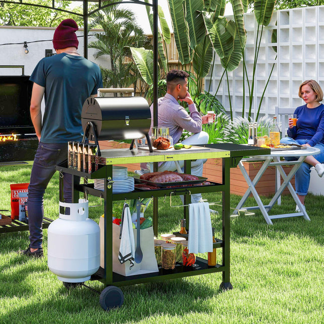 Multi-Feature BBQ Grill Table with Stainless Steel Top - Black