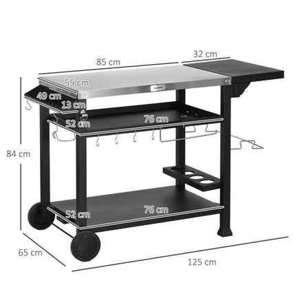 Multi-Feature BBQ Grill Table with Stainless Steel Top - Black