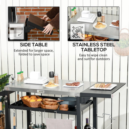 Multi-Feature BBQ Grill Table with Stainless Steel Top - Black