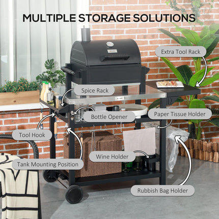 Multi-Feature BBQ Grill Table with Stainless Steel Top - Black