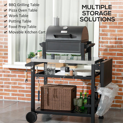 Multi-Feature BBQ Grill Table with Stainless Steel Top - Black