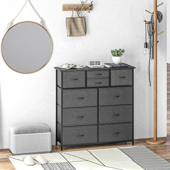 10 Drawer Bedroom Chest with Foldable Fabric Drawers and Steel Frame - Black