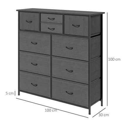 10 Drawer Bedroom Chest with Foldable Fabric Drawers and Steel Frame - Black