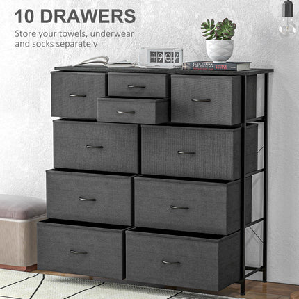 10 Drawer Bedroom Chest with Foldable Fabric Drawers and Steel Frame - Black