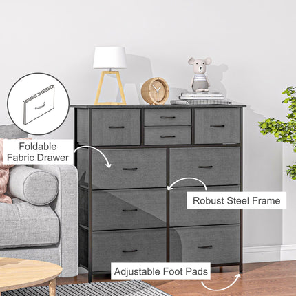 10 Drawer Bedroom Chest with Foldable Fabric Drawers and Steel Frame - Black