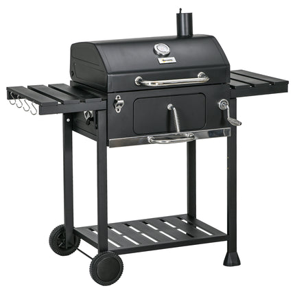 Adjustable Charcoal Pan BBQ Grill with Thermometer and Warming Rack - Black