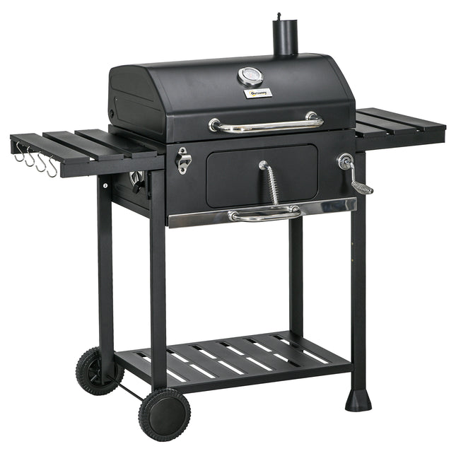 Adjustable Charcoal Pan BBQ Grill with Thermometer and Warming Rack - Black