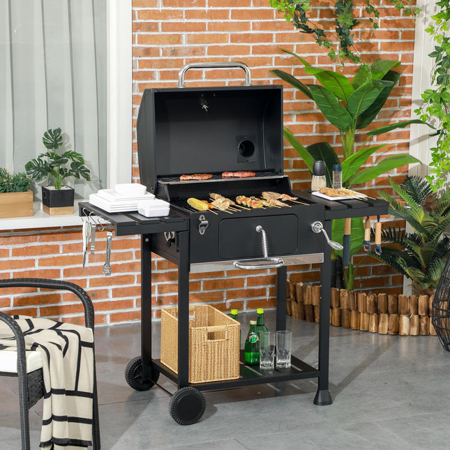 Adjustable Charcoal Pan BBQ Grill with Thermometer and Warming Rack - Black