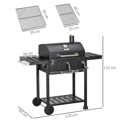 Adjustable Charcoal Pan BBQ Grill with Thermometer and Warming Rack - Black