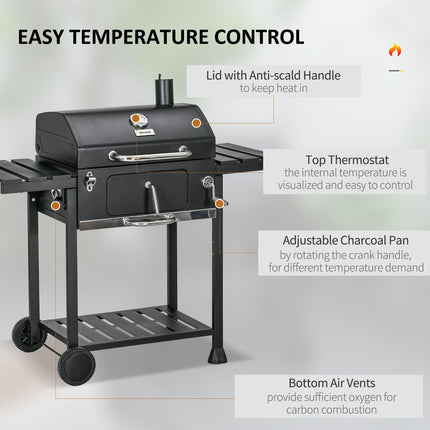 Adjustable Charcoal Pan BBQ Grill with Thermometer and Warming Rack - Black