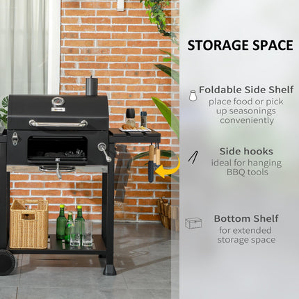 Adjustable Charcoal Pan BBQ Grill with Thermometer and Warming Rack - Black