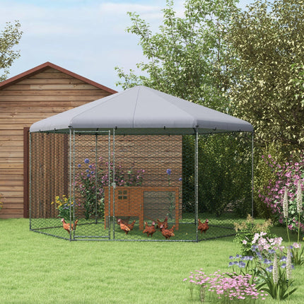 4 x 3.5 x 2.6m Outdoor Chicken Coop for 10-15 Chickens, Hens, Rabbits & Ducks - Silver Tone