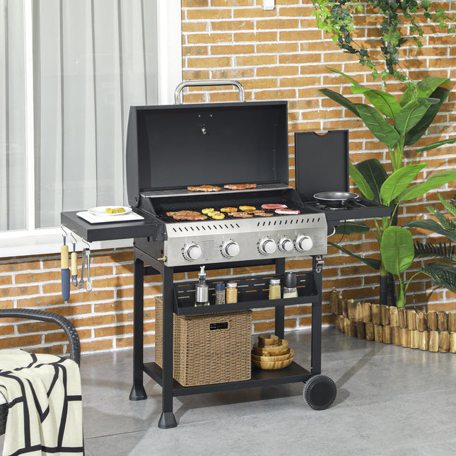 Galvanised Steel 4+1 Gas Burner BBQ Grill Trolley - Black