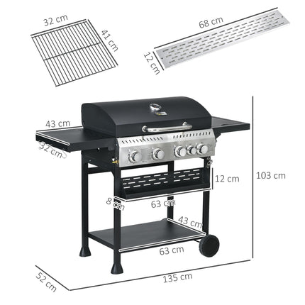 Galvanised Steel 4+1 Gas Burner BBQ Grill Trolley - Black