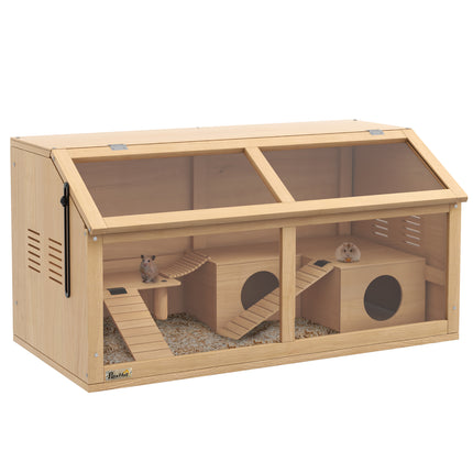 Wooden Hamster Cage with Suspension Bridge, Hut & Openable Top 85x45x44cm - Nature
