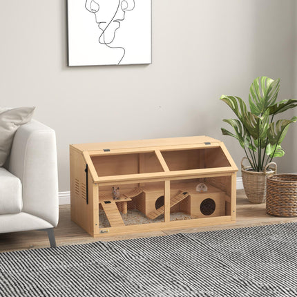 Wooden Hamster Cage with Suspension Bridge, Hut & Openable Top 85x45x44cm - Nature