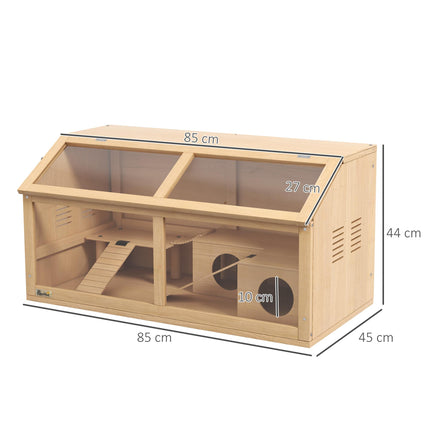 Wooden Hamster Cage with Suspension Bridge, Hut & Openable Top 85x45x44cm - Nature