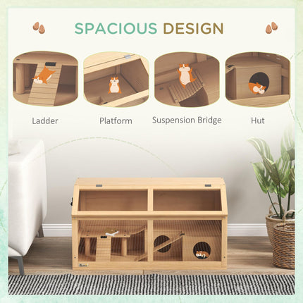 Wooden Hamster Cage with Suspension Bridge, Hut & Openable Top 85x45x44cm - Nature
