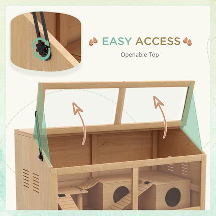 Wooden Hamster Cage with Suspension Bridge, Hut & Openable Top 85x45x44cm - Nature