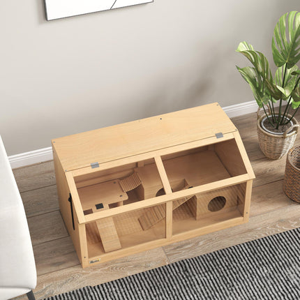 Wooden Hamster Cage with Suspension Bridge, Hut & Openable Top 85x45x44cm - Nature