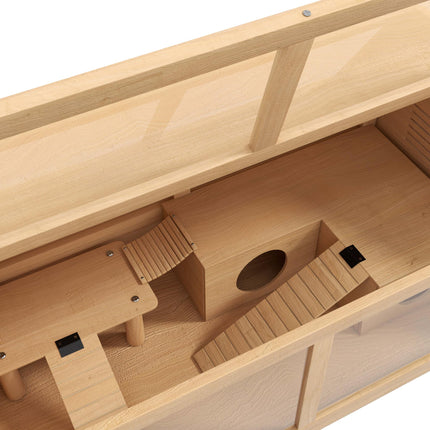 Wooden Hamster Cage with Suspension Bridge, Hut & Openable Top 85x45x44cm - Nature