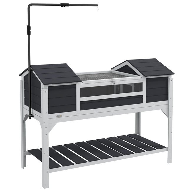 Wooden Tortoise Enclosure with Dual Houses, Adjustable Lamp Holder, Storage Shelf & Openable Lid - Grey