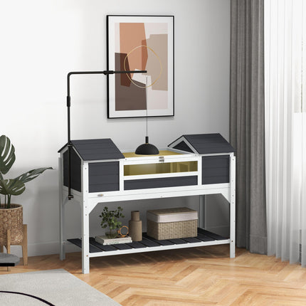 Wooden Tortoise Enclosure with Dual Houses, Adjustable Lamp Holder, Storage Shelf & Openable Lid - Grey