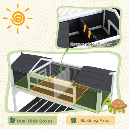 Wooden Tortoise Enclosure with Dual Houses, Adjustable Lamp Holder, Storage Shelf & Openable Lid - Grey
