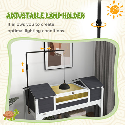 Wooden Tortoise Enclosure with Dual Houses, Adjustable Lamp Holder, Storage Shelf & Openable Lid - Grey